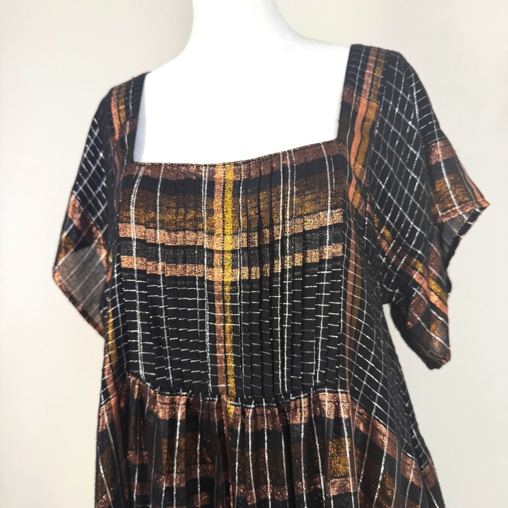 Free People Metallic Plaid Babydoll Mini Dress Womens XS Boho Open Back Festival - Picture 3 of 8